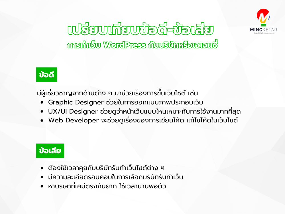 เปรียบเทียบข้อดี-ข้อเสียการทำเว็บ WordPress กับบริษัทหรือเอเจนซี่